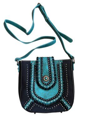 Montana West Select Black Turquoise Tooled Studded Concho Crossbody Bag NWT